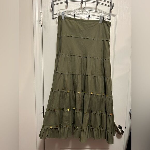 L'Pogee tiered maxi Ruffle Skirt Size medium NWT olive green boho gypsy festival - Picture 1 of 16